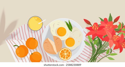 Horizontal illustration of classic brunch eggs, fresh fruit, oranges and a bouquet of lilies. Serving breakfast.