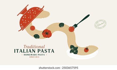 Horizontal illustration with colander and spaghetti. Pasta with basil and tomatoes. Vector illustration.