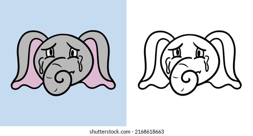 Horizontal illustration for coloring book, sad little elephant crying, elephant emotions, offended elephant, vector illustration in cartoon style