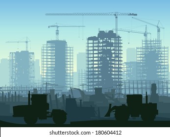 Horizontal illustration of construction site with cranes and skyscraper with tractors, bulldozers, excavators and grader in blue tone.