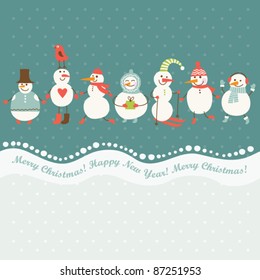 Horizontal illustration of cute snowmen