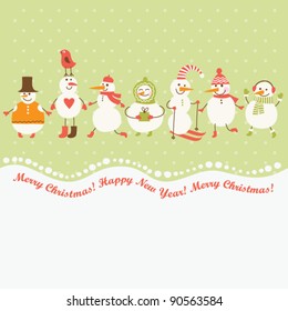 Horizontal illustration of cute snowmen