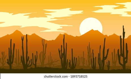 Horizontal illustration of desert with cacti and mountain rocks at sunset in orange tone.