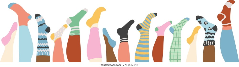 Ilustração horizontal com diferentes tipos de meias no pé no vetor. elemento para decoração design cartaz cartaz anúncio fundo pano de fundo