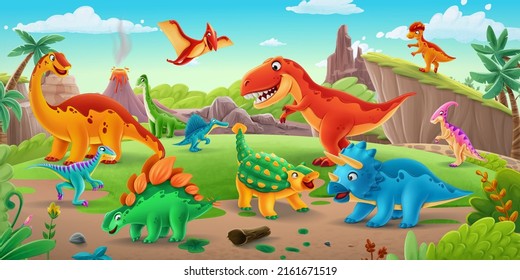 ilustración horizontal con paisaje de dinosaurios para la escuela