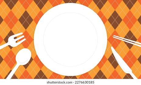 
horizontal illustration of dish and cutlery on orange argyle ground