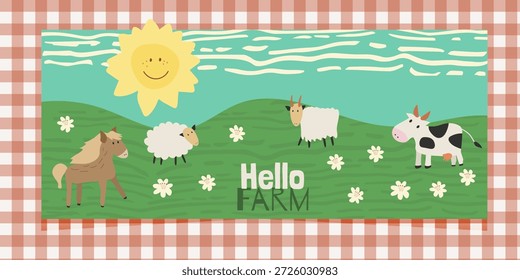 Horizontal children’s illustration featuring farm animals in a soft doodle style. Cow, horse, sheep and goat stand on a grassy textured background with flowers and a gingham pattern