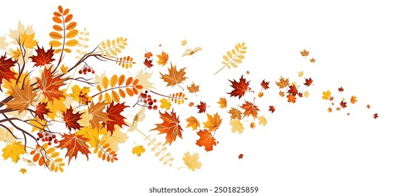 Horizontal illustration of flying autumn leaves. Mixed elements of plants, branches and leaves. Nature decor element for website, graphic, decorative, advertising, invitations, flyers