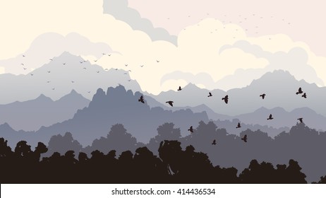 Horizontal illustration forest with mountains and cloudy sky with flock of birds.