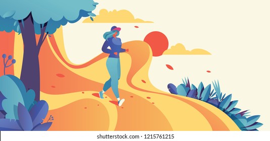 Horizontal illustration good for banner design with running woman. Jogging sport illustration in bright colors and gradients with sky, sun and greenery