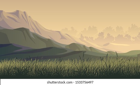 Horizontal illustration of grass field with hills and mountains in the evening.