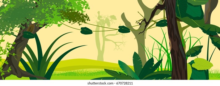 Horizontal illustration of  green forest, vector