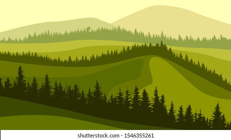 Horizontal illustration of green grassy meadow hills with wavy coniferous forest tops.