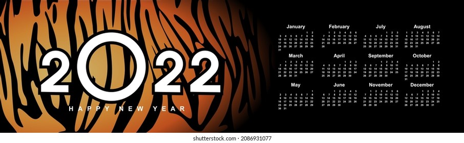 horizontal illustration greeting card banner template with tiger fur skin texture with calendar grid in english