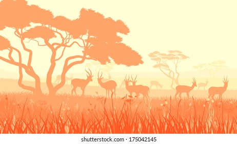 Horizontal illustration of herd antelope in African savanna with trees.