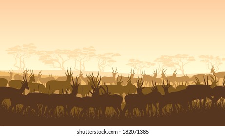 Horizontal illustration of herd antelope in African savanna with trees.