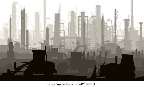 Horizontal illustration industrial area with factories, refineries and power plants.