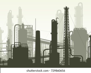 Horizontal illustration industrial part of city with factories, refineries and power plants.