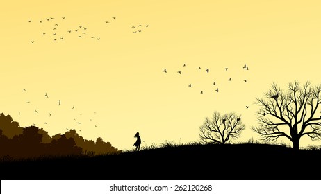 Horizontal illustration landscape with silhouette of lonely girl in field windswept. 