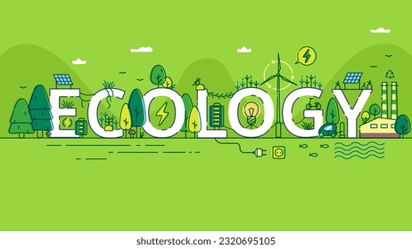 Horizontal Illustration Lettering Word Ecology on Green Background