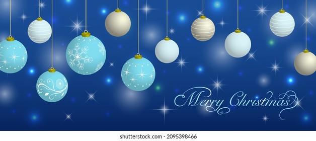Horizontal illustration of light blue and silver Christmas balls on glitter dark blue background. Vector illustration.