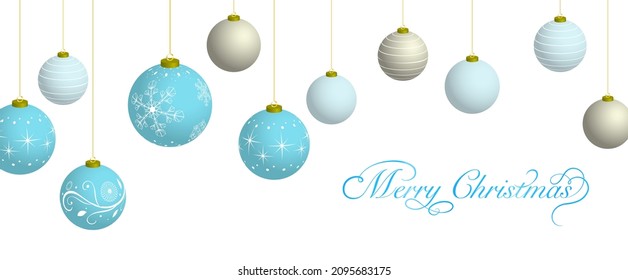 Horizontal illustration of light blue and silver Christmas balls on white background. Vector illustration.
