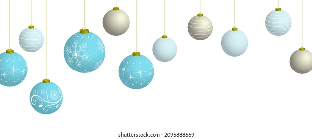 Horizontal illustration of light blue and silver Christmas balls on white background. Vector illustration.
