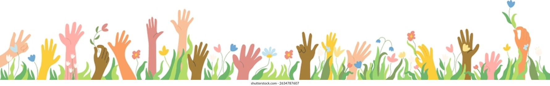 horizontal illustration with linear arms in doodle style. template for postcard poster print background banner