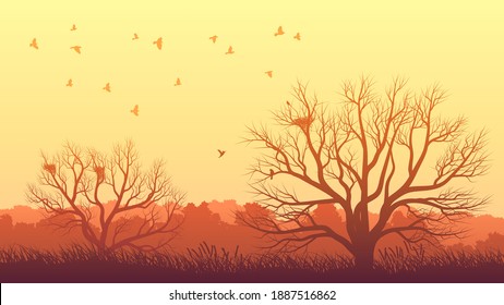 Horizontal illustration of lonely tree without leaves with nest in meadow and birds at sunset.