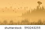 Horizontal illustration misty coniferous forest with lake and grass on shore.