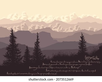 Horizontal illustration misty evening with spruce trees in meadow and mountain valley (with place for text).