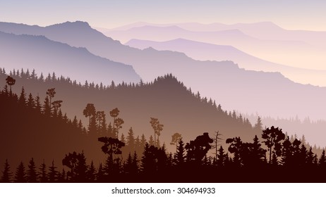 Horizontal illustration morning misty coniferous forest hills in purple tone.
