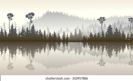 Horizontal illustration morning misty coniferous forest hills with its reflection in lake.