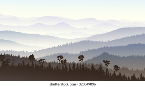 Horizontal illustration morning misty coniferous forest hills in fog.