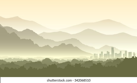 Horizontal illustration of morning misty forest and abstract town at foot of hills.