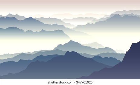 Horizontal illustration morning misty mountains in fog.