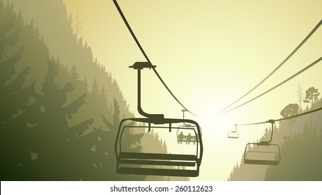 Horizontal illustration mountains coniferous wood with ski lift in green tone.