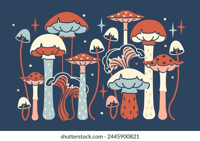 Horizontal illustration of mystery mushrooms on dark background. Flat style vector graphic. Midnight hand drawn print. Hippie trippy shrooms