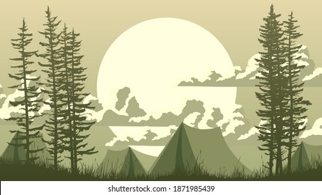 Horizontal illustration of night grassy meadow and coniferous trees with tent camp.