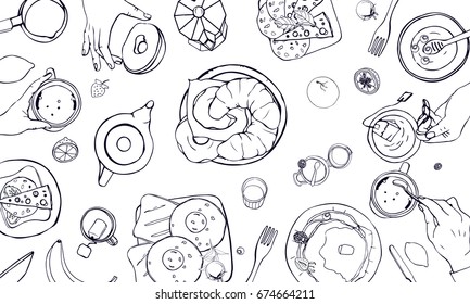 Horizontal  illustration on breakfast theme. Black and white vector hand drawn table with drink, pancakes, sandwiches, eggs, croissants and fruits. Top view. 