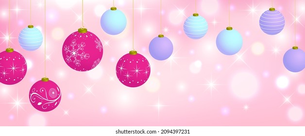 Horizontal illustration of pink, light blue and purple Christmas balls on glitter pink background. Vector illustration.