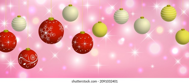 Horizontal illustration of red and gold Christmas balls on pink glitter background. Vector illustration.