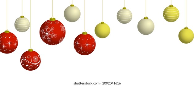 Horizontal illustration of red and gold Christmas balls on white background. Vector illustration.