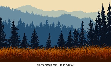 Horizontal illustration of red grassy meadow and blue coniferous forest hills.