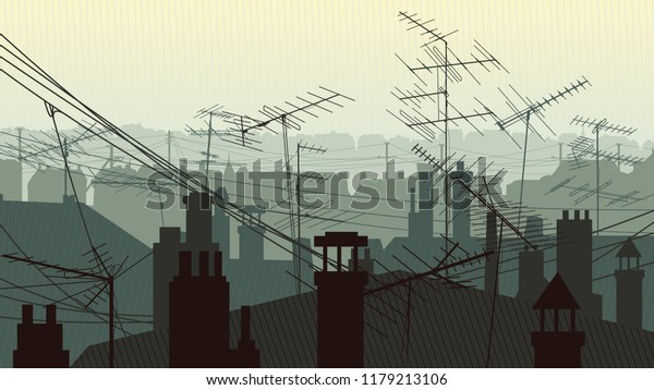 Horizontal\
illustration roofs of houses with chimney pipes and antennas\
television aerials and hanging\
wires.