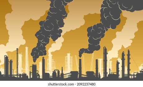 Horizontal illustration of silhouettes of industrial zone (factories, refineries and power plants) with thick smoke from chimneys.