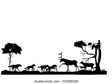 Horizontal illustration of silhouettes of wildlife scene with animals and trees