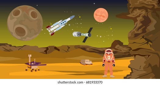 Horizontal illustration of space and scene in allien planet