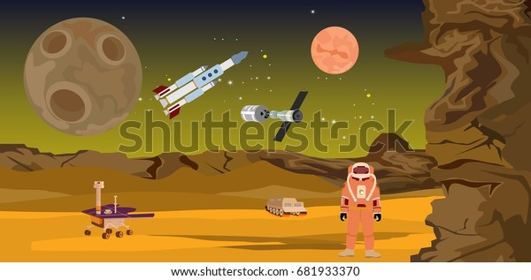 Horizontal illustration of space and scene in\
allien planet