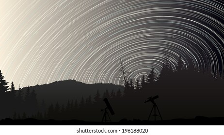 Horizontal illustration of stars trace circles on the sky with telescopes.